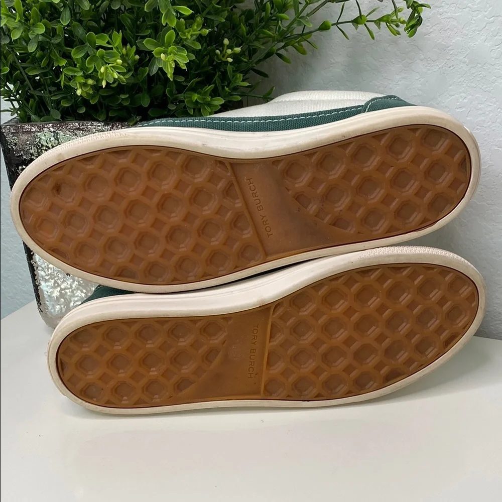 Tory Burch Howell Court Sneakers Womens White Green 8M Canvas‎ Low Top Preppy